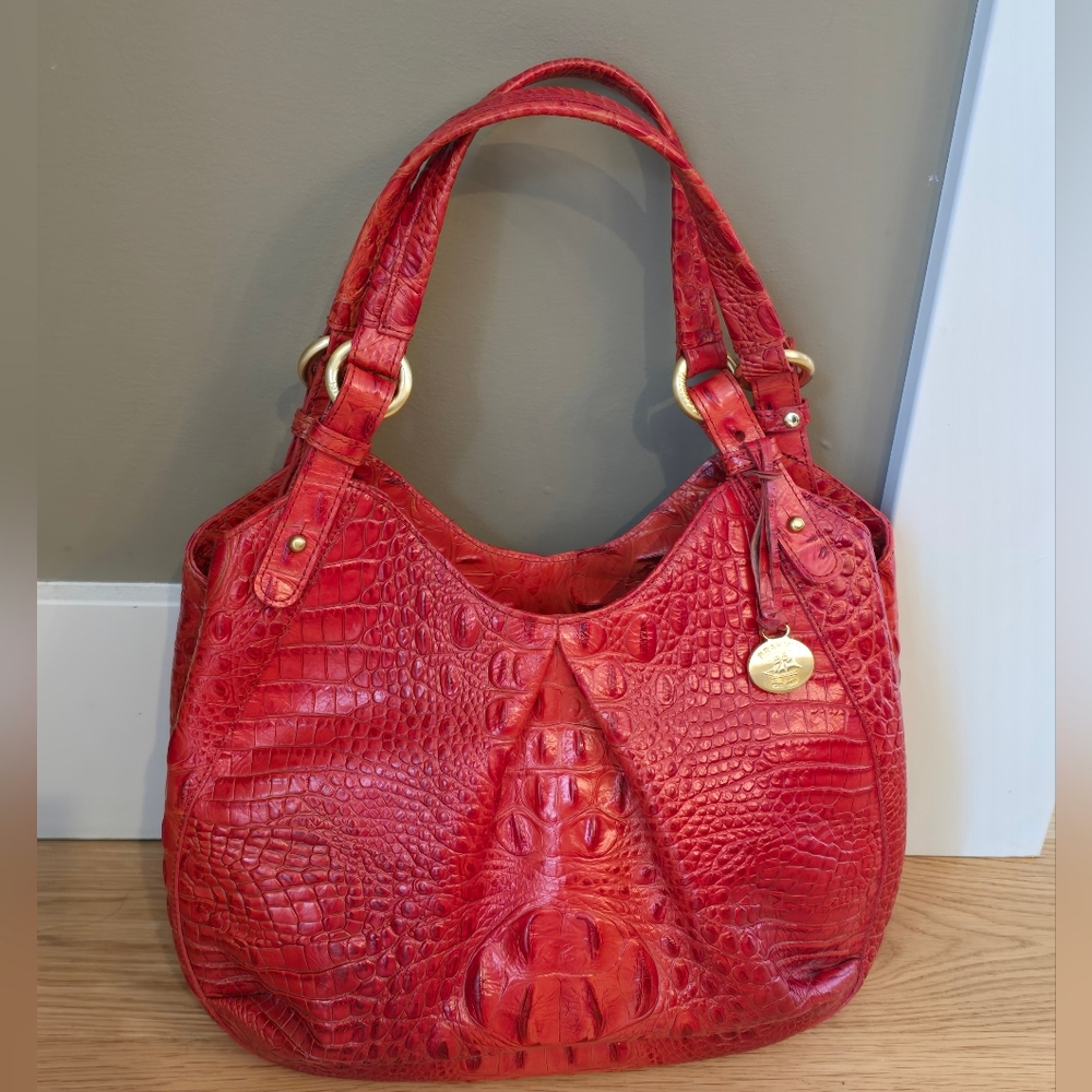 Brahmin Leather Hobo Tote Bag Mandarin Melbourne Croc Embossed Red Gold Purse